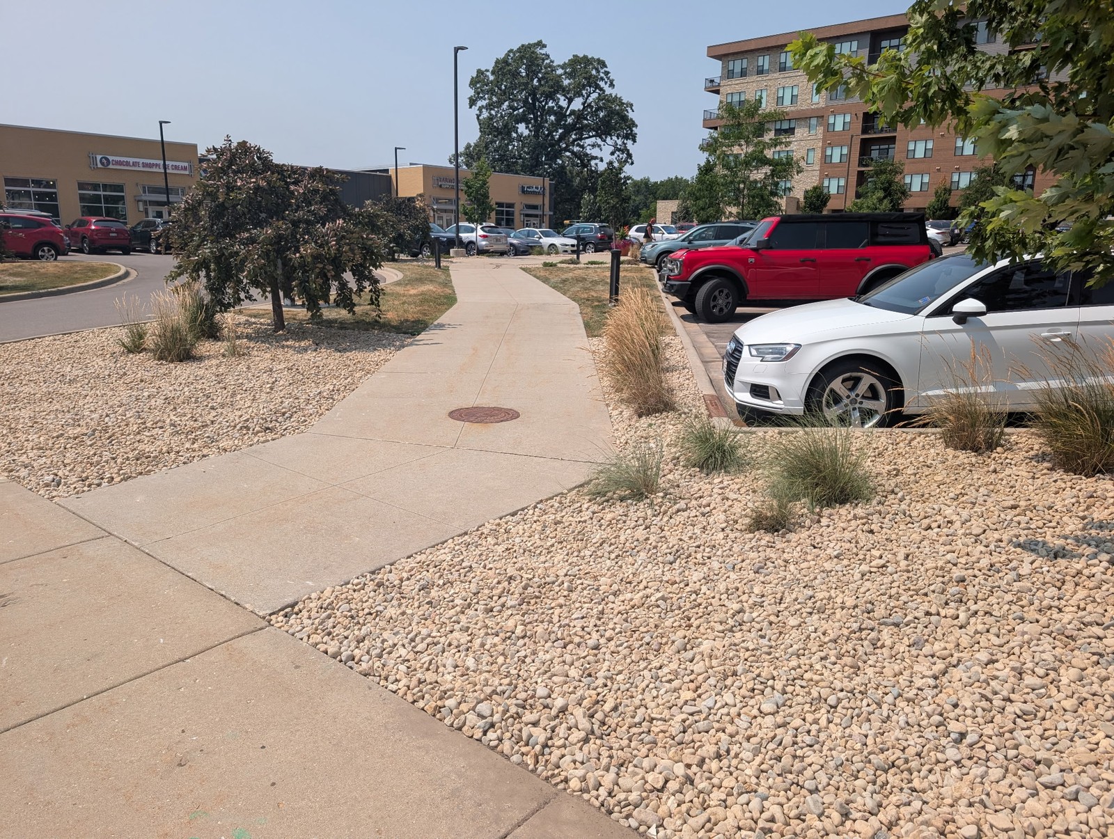 Rock beds with ornamental grasses along a sidewalk at an apartment complex