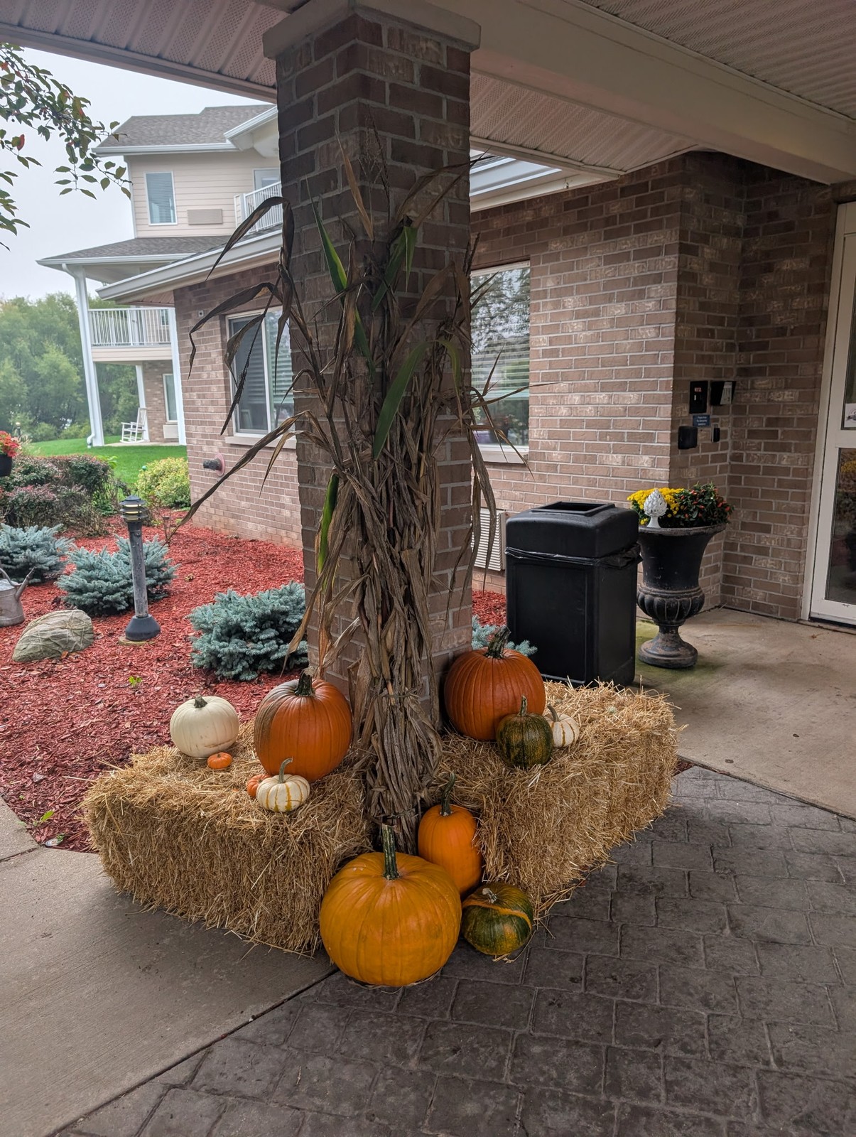 Fall display of straw bales, pumpkins, and gourds by the front door