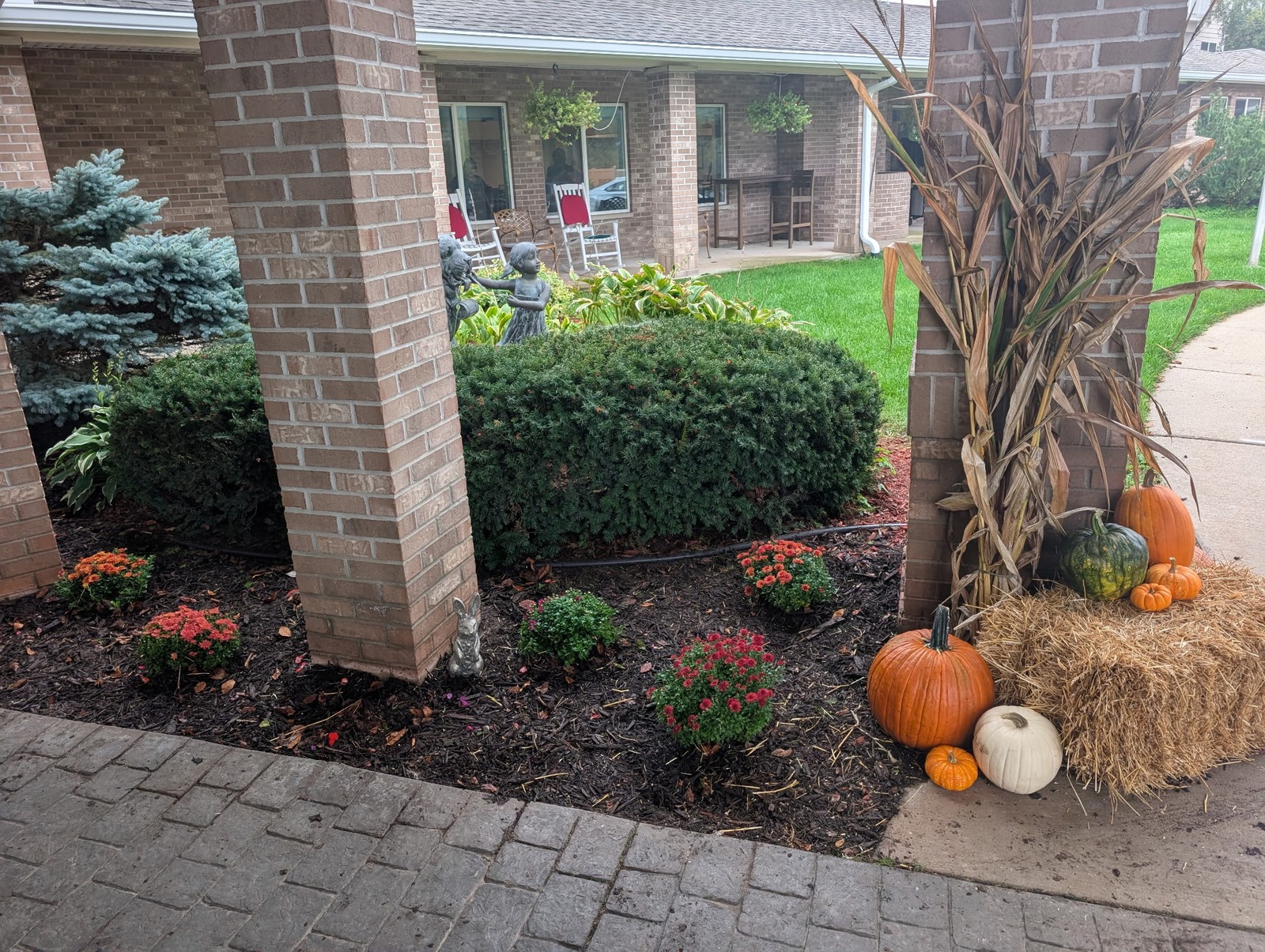 Fresh bed of mums next to a straw bale and pumpkin display